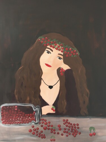 Painting titled "Récolte de cerises" by Alexandra Falaise, Original Artwork, Acrylic Mounted on Wood Panel
