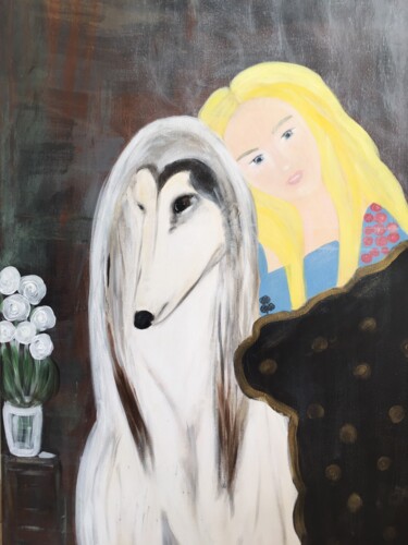 Painting titled "Alice et son lévrier" by Alexandra Falaise, Original Artwork, Acrylic Mounted on Wood Stretcher frame