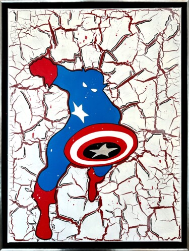 Schilderij getiteld "Captain America" door Alexandra Galavtine, Origineel Kunstwerk, Acryl Gemonteerd op Frame voor houten b…