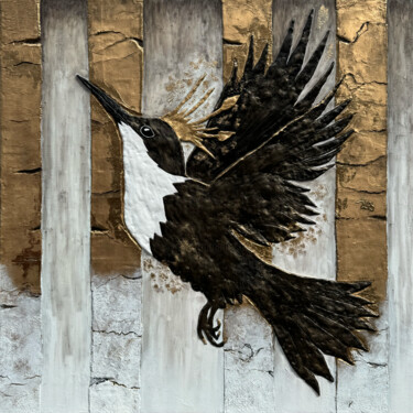 Painting titled "Oiseau du Bonheur" by Alexandra Galavtine, Original Artwork, Spray paint Mounted on Wood Stretcher frame