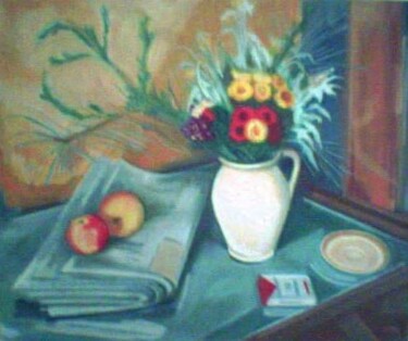Painting titled "fleures et journaux" by Alexandra Hagianu, Original Artwork