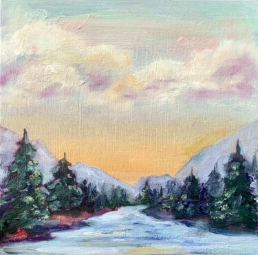 Painting titled "Mountain river land…" by Alexandra Jagoda, Original Artwork, Oil Mounted on Cardboard