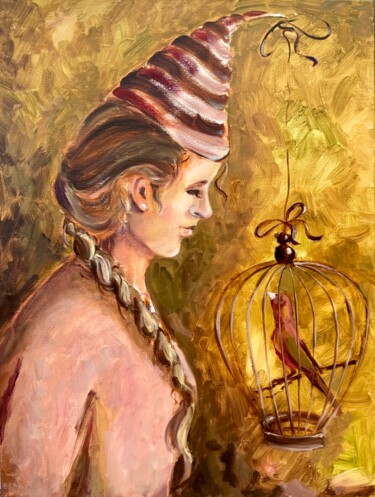 Painting titled "Little  Bird - girl…" by Alexandra Jagoda, Original Artwork, Oil Mounted on Wood Stretcher frame