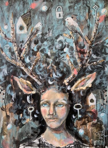 Pintura intitulada "Fairy deer - fantas…" por Alexandra Jagoda, Obras de arte originais, Acrílico