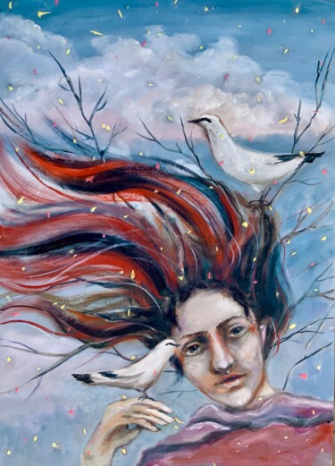 Painting titled "Song of the Birds -…" by Alexandra Jagoda, Original Artwork, Oil Mounted on Wood Stretcher frame