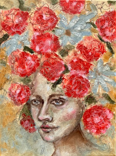 Painting titled "Red Flowers - woman…" by Alexandra Jagoda, Original Artwork, Oil Mounted on Wood Stretcher frame