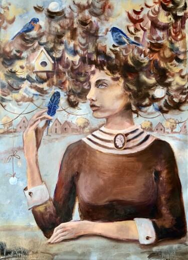 Schilderij getiteld "Newfound feather of…" door Alexandra Jagoda, Origineel Kunstwerk, Olie Gemonteerd op Frame voor houten…