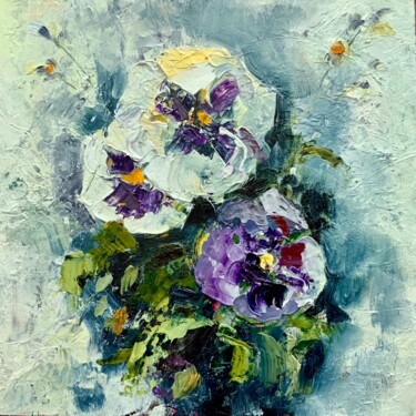 Painting titled "Pansies - flowers,…" by Alexandra Jagoda, Original Artwork, Oil Mounted on Cardboard