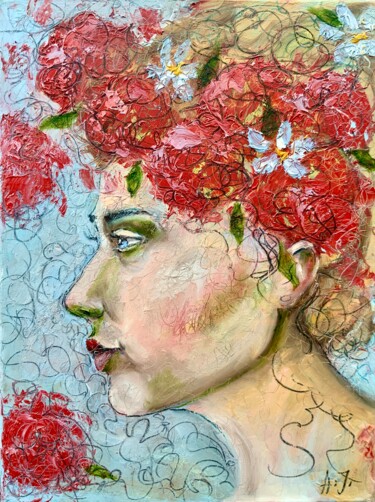 Painting titled "A Floral Profile" by Alexandra Jagoda, Original Artwork, Oil Mounted on Wood Stretcher frame