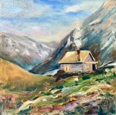 Painting titled "Mountain Retreat" by Alexandra Jagoda, Original Artwork, Oil Mounted on Wood Stretcher frame