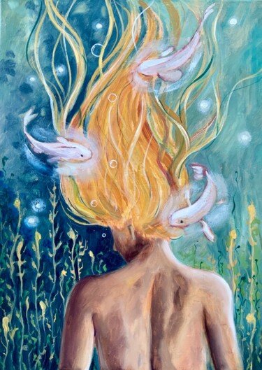 Painting titled "Mermaid, Submerged…" by Alexandra Jagoda, Original Artwork, Oil Mounted on Wood Stretcher frame