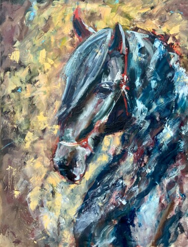 Painting titled "Blacky - horse port…" by Alexandra Jagoda, Original Artwork, Oil Mounted on Wood Stretcher frame
