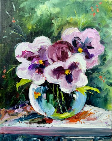 Painting titled "Pansies in a glass…" by Alexandra Jagoda, Original Artwork, Oil Mounted on Wood Stretcher frame