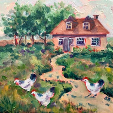 Painting titled "Village house and c…" by Alexandra Jagoda, Original Artwork, Oil Mounted on Cardboard