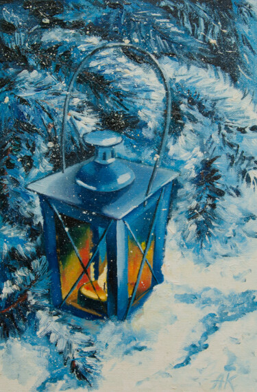 Malerei mit dem Titel "Lanterne in the Sno…" von Alexandra Kazakova, Original-Kunstwerk, Öl