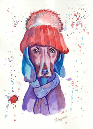 Malarstwo zatytułowany „A Dog in a Bonnet W…” autorstwa Alexandra Kazakova, Oryginalna praca, Akwarela