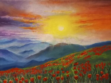 Peinture intitulée ""sunset in the moun…" par Alexandra Korchagina, Œuvre d'art originale, Huile Monté sur Châssis en bois