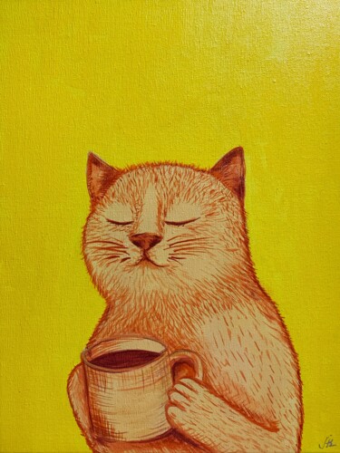 Картина под названием "Кот с кружкой чая" - Alexandra Kuznetsova, Подлинное произведение искусства, Акрил