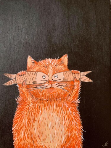 Картина под названием "Рыжий кот с рыбой" - Alexandra Kuznetsova, Подлинное произведение искусства, Акрил