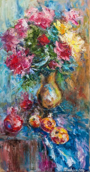 Schilderij getiteld "Pomegranate roses" door Alexandra Laskina, Origineel Kunstwerk, Olie