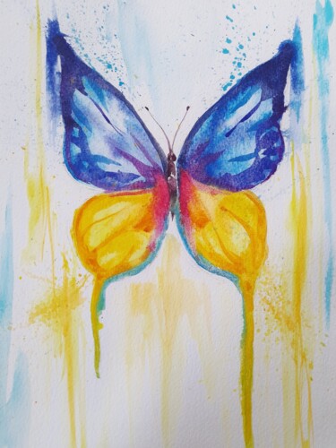 Painting titled ""Blue and yellow "" by Alexandra Lebedenkova, Original Artwork, Watercolor