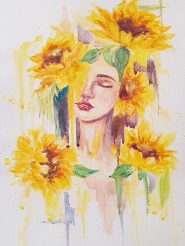 Painting titled "Sunflowers bloom" by Alexandra Lebedenkova, Original Artwork, Watercolor