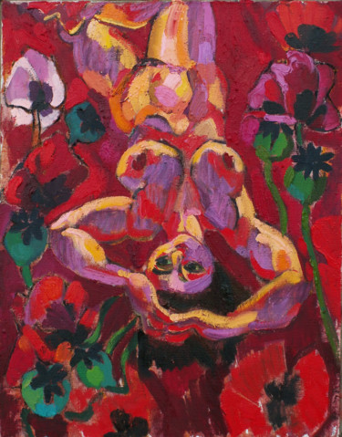 Schilderij getiteld "Nude Girl in poppy…" door Alexandra Ovchinnikova, Origineel Kunstwerk, Olie