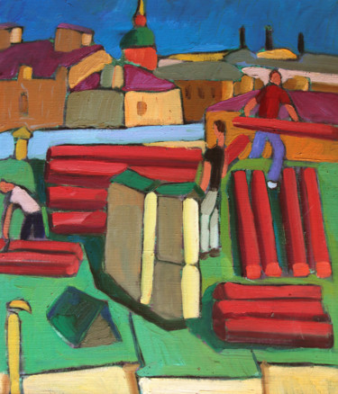 Painting titled "Roof repair" by Alexandra Ovchinnikova, Original Artwork, Oil