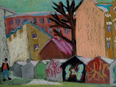 Desenho intitulada "Garages. Summer" por Alexandra Ovchinnikova, Obras de arte originais, Pastel