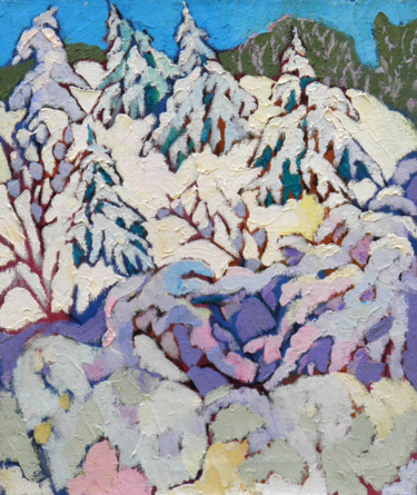 Painting titled "Winter snowy fir tr…" by Alexandra Ovchinnikova, Original Artwork, Oil