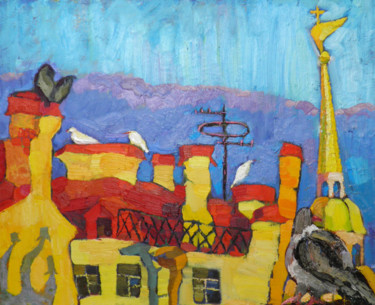 Painting titled "Birds. City roofs" by Alexandra Ovchinnikova, Original Artwork, Oil