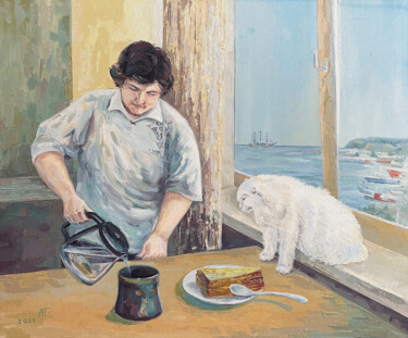 Pittura intitolato "Tea with a cat" da Alexandra Prekrasnova, Opera d'arte originale, Olio
