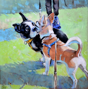 Картина под названием "meeting bulldog and…" - Alexandra Sergeeva, Подлинное произведение искусства, Пастель