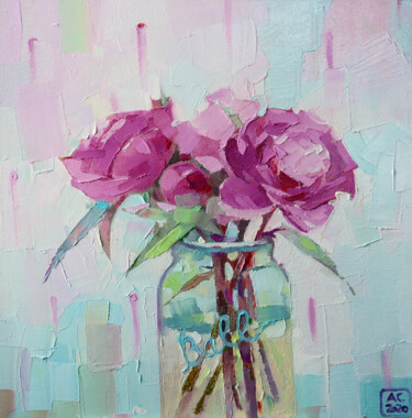 Painting titled "Pink peonies in a t…" by Alexandra Sergeeva, Original Artwork, Oil