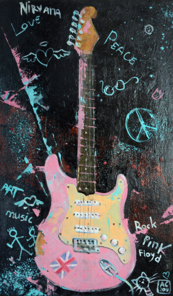 Painting titled "Pink electric guitar" by Alexandra Sergeeva, Original Artwork, Oil