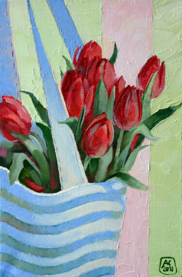 Painting titled "RED TULIPS IN A BAG" by Alexandra Sergeeva, Original Artwork, Oil