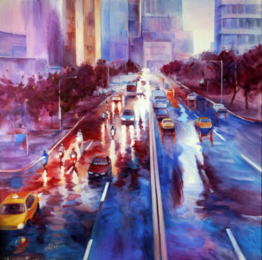 Painting titled "Evening traffic" by Alexandra Yaremenko, Original Artwork, Oil