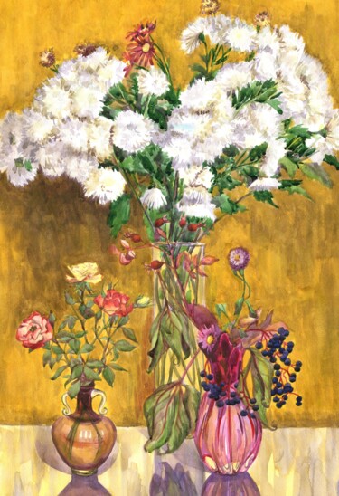 Картина под названием "Three bouquets of f…" - Alexandra Zatelepina, Подлинное произведение искусства, Акварель