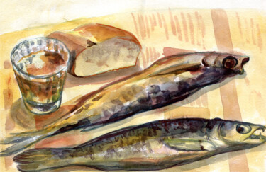 Painting titled "Fish, beer and brea…" by Alexandra Zatelepina, Original Artwork, Watercolor