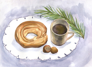 Painting titled "Morning coffee. Sti…" by Alexandra Zatelepina, Original Artwork, Watercolor