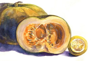 Malarstwo zatytułowany „Pumpkin and lemon.…” autorstwa Alexandra Zatelepina, Oryginalna praca, Akwarela