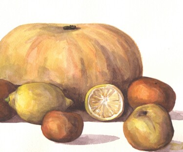 Painting titled "Pumpkin, apples and…" by Alexandra Zatelepina, Original Artwork, Watercolor