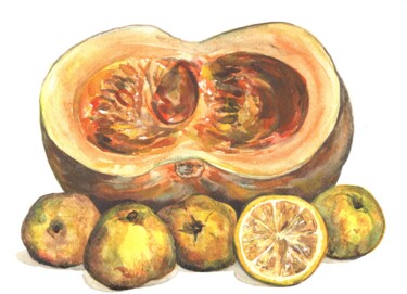 Painting titled "Pumpkin and apples.…" by Alexandra Zatelepina, Original Artwork, Watercolor