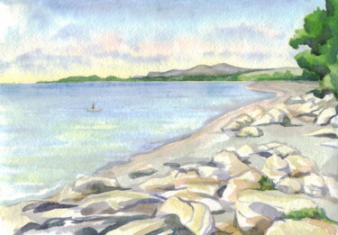 Painting titled "Morning on the beac…" by Alexandra Zatelepina, Original Artwork, Watercolor