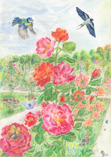 Рисунок под названием "Roseraie et perspec…" - Alexandra Smis, Подлинное произведение искусства, Пастель