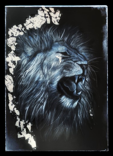 Peinture intitulée "Lion à la feuille d…" par Alexandra Torres Herrero, Œuvre d'art originale, Encre