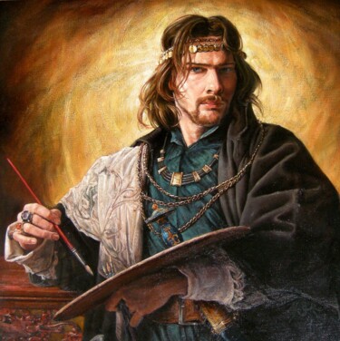 Painting titled "Autoportrait au Dra…" by Alexandre Barberà-Ivanoff, Original Artwork, Oil Mounted on Wood Stretcher frame