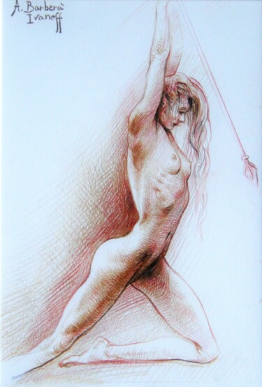 Рисунок под названием "Femme à la lance /…" - Alexandre Barberà-Ivanoff, Подлинное произведение искусства, Мел