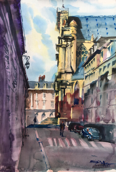 Painting titled "N°532 - Église Sain…" by Alexandre Dumitrescu, Original Artwork, Watercolor