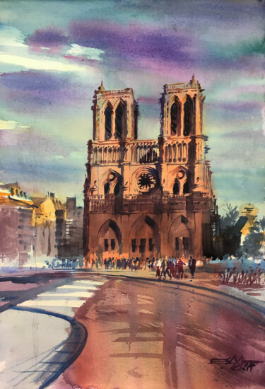 Schilderij getiteld "N°569 Notre Dame de…" door Alexandre Dumitrescu, Origineel Kunstwerk, Aquarel